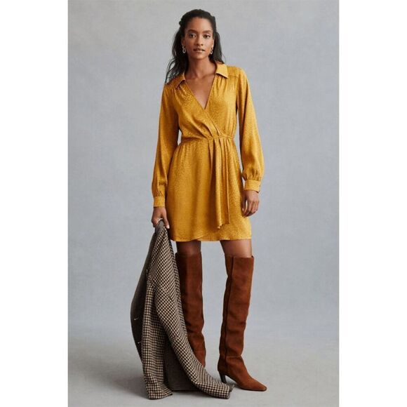 Anthropologie Bronze Leopard Print Long-Sleeve Mini Dress Women's Size Small - Picture 1 of 5